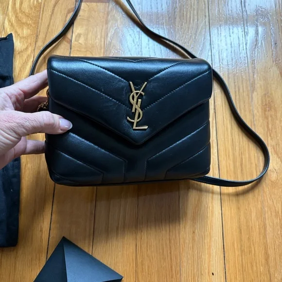 Saint Laurent YSL Black Chevron Quilted Leather Shoulder Bag with Gold Monogram - Picture 6 of 15